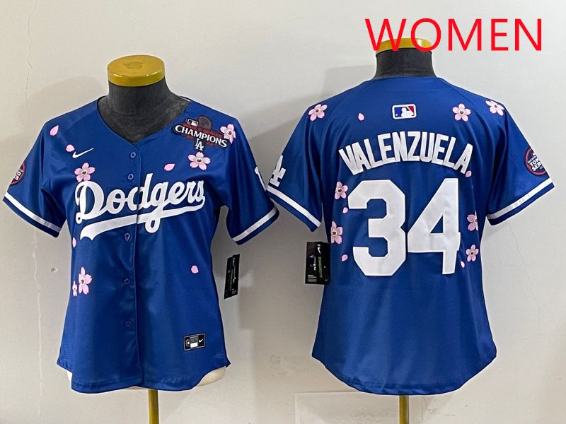 Women Los Angeles Dodgers #34 Valenzuela Blue Sakura Edition 2025 Nike MLB Jersey style 35->women mlb jersey->Women Jersey
